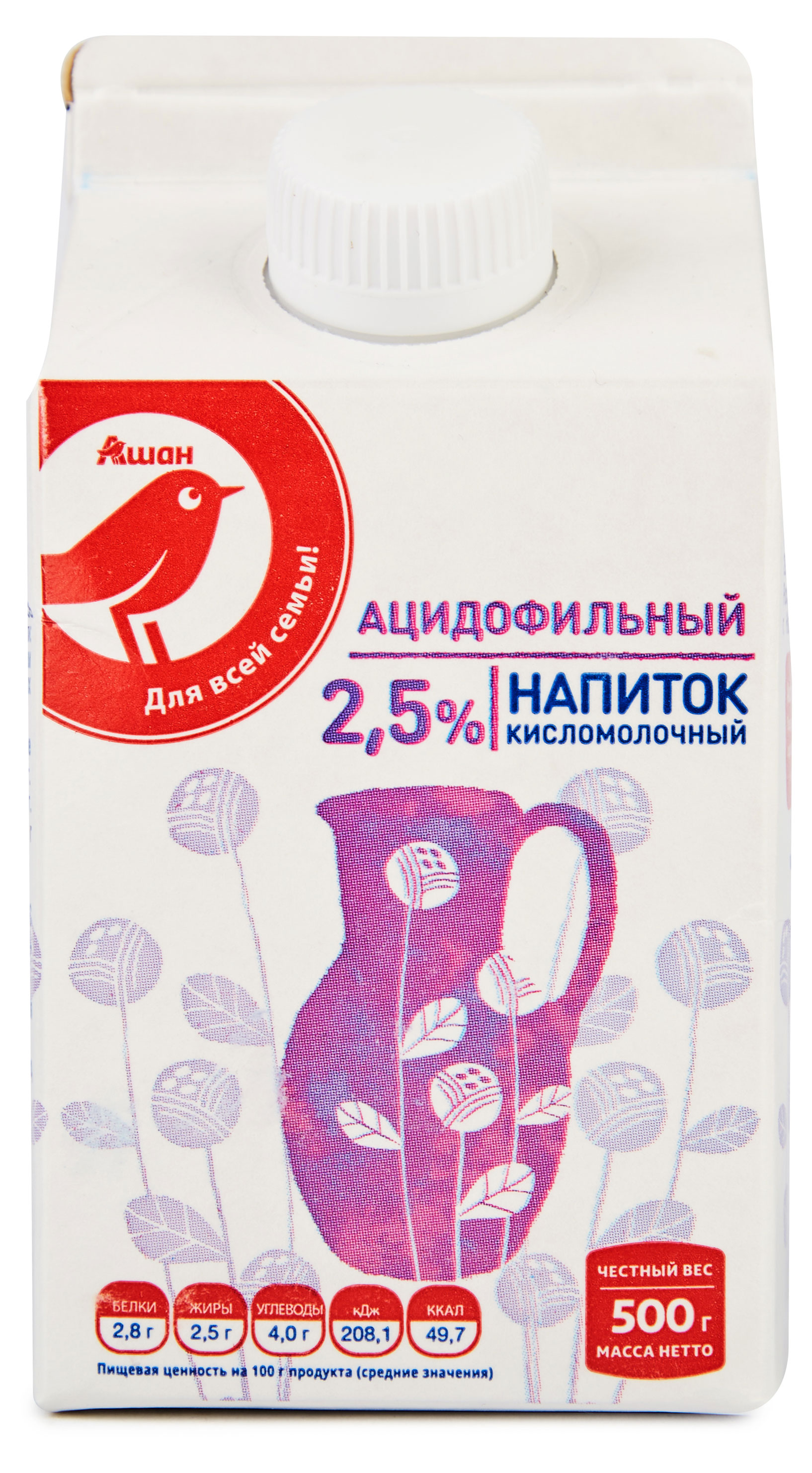 

Ацидофильный напиток АШАН Красная птица 2,5% БЗМЖ, 500 г