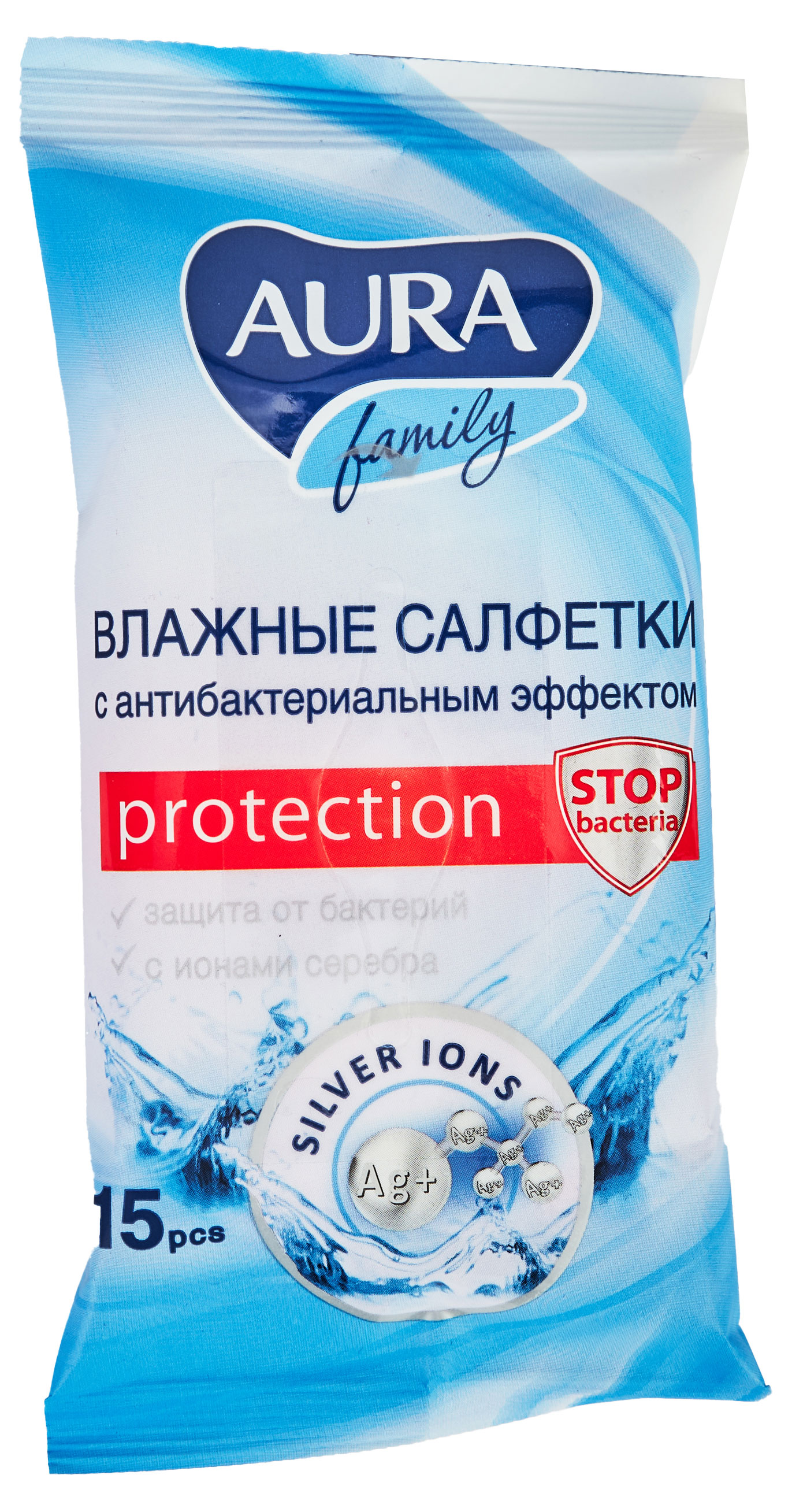 

Влажные салфетки Aura c антибактериальным эффектом, 15 шт