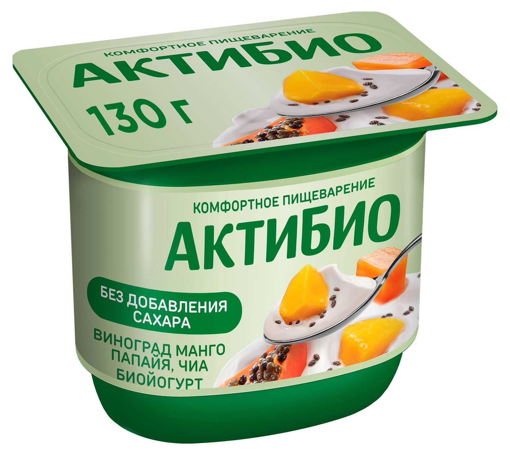 

Йогурт АктиБио с виноградом манго папайей и семенами чиа без сахара 2,9% БЗМЖ 130 г