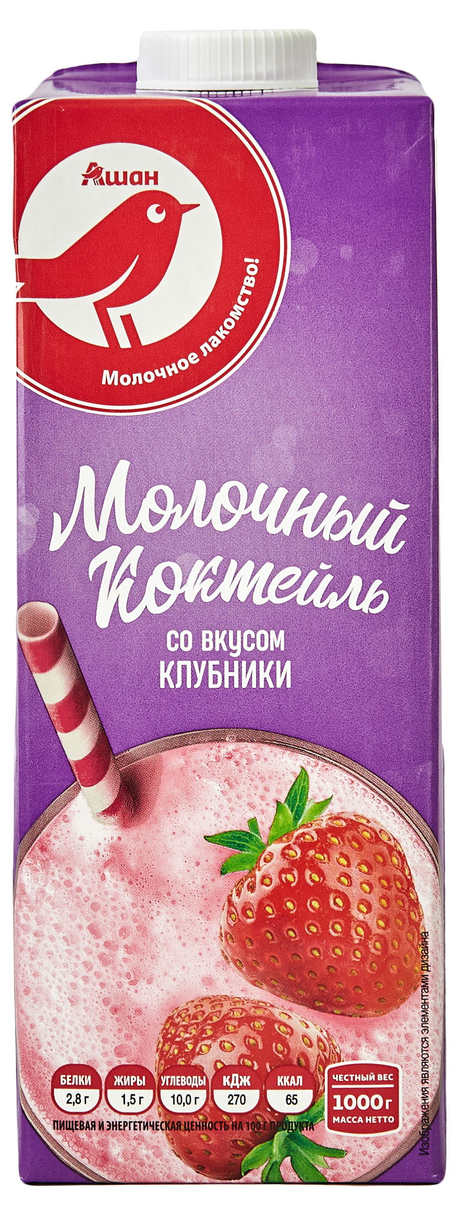 

Коктейль молочный ультрапастеризованный АШАН Красная птица клубничный 1,5% БЗМЖ, 1000 г
