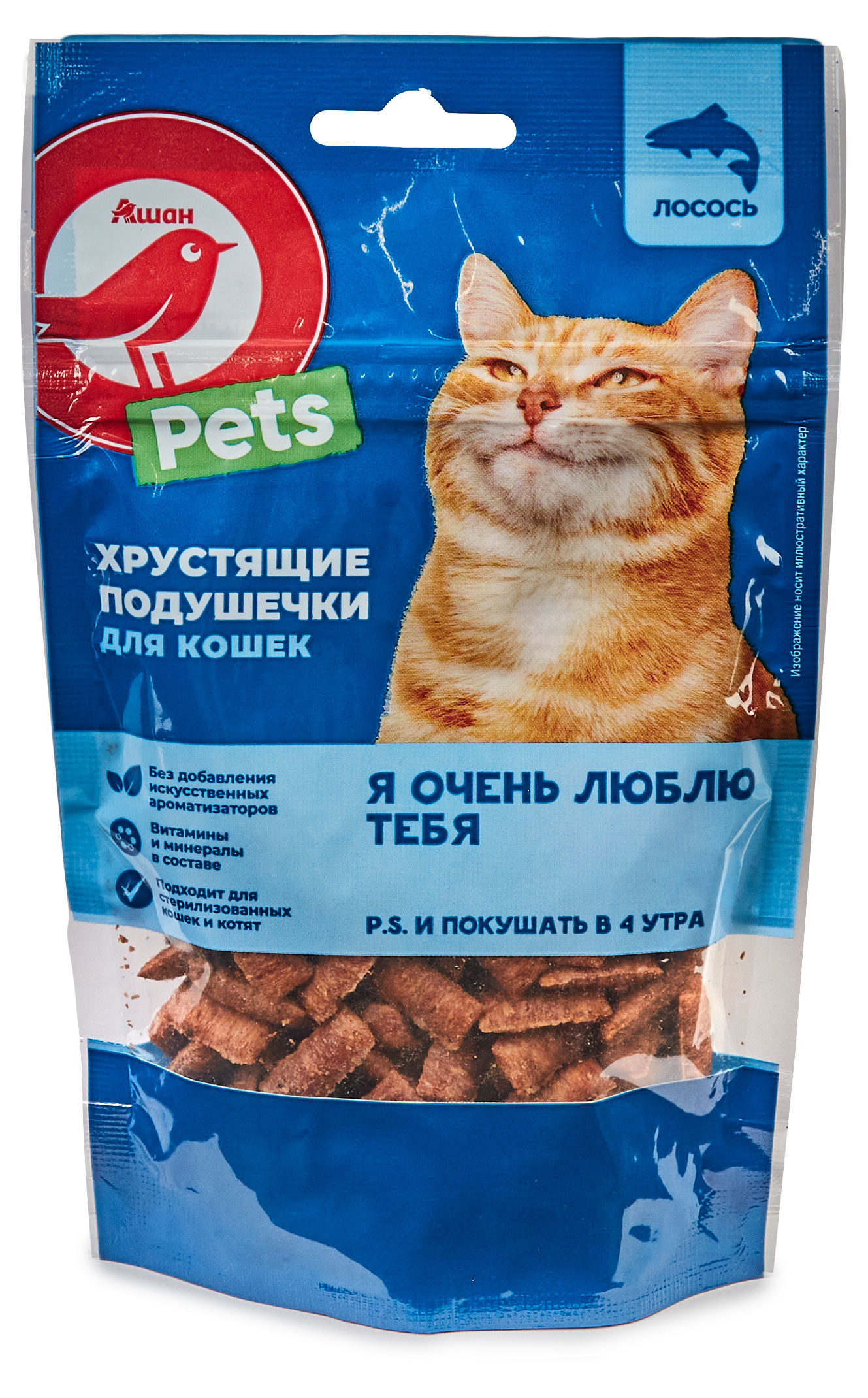 

Лакомство для кошек АШАН Красная птица Подушечки хрустящие с лососем, 60 г