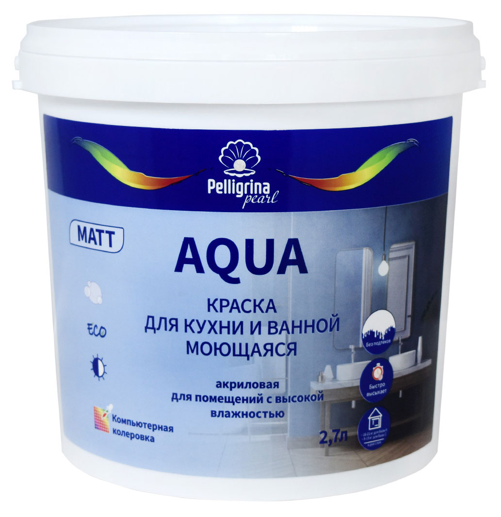 

Краска для кухни и ванной Pelligrina Pearl Aqua акриловая матовая база A белая, 2,7 л