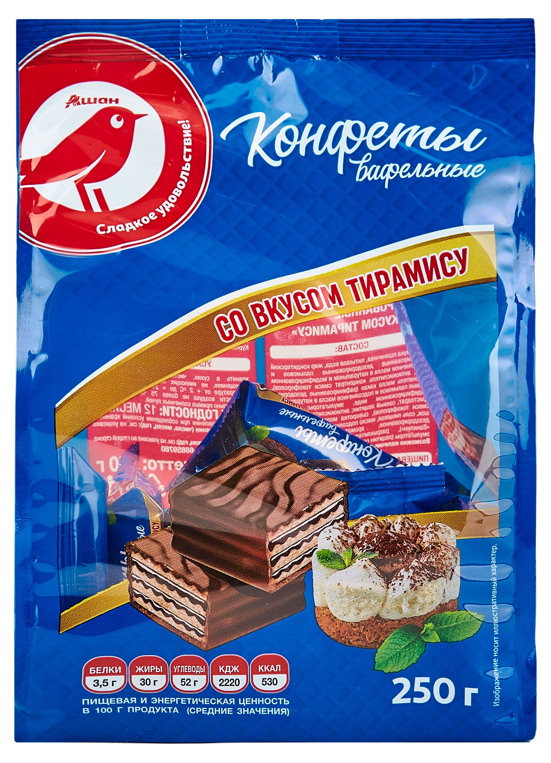 

Конфеты вафельные АШАН Красная птица Тирамису, 250 г