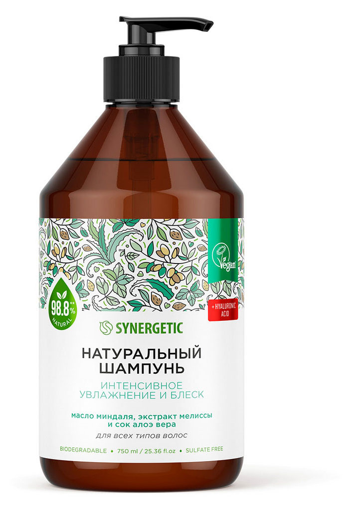 

Шампунь для волос Synergetic Интенсивное увлажнение и блеск без сульфатов, 750 мл