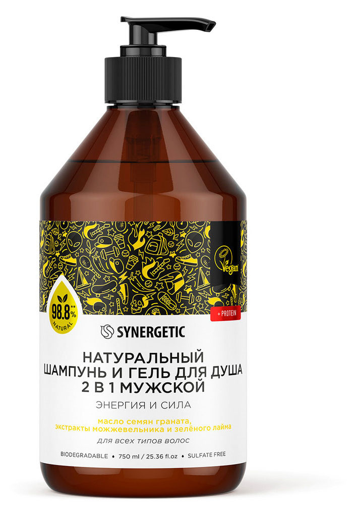 

Шампунь и гель для душа мужской Synergetic Энергия и сила без сульфатов, 750 мл