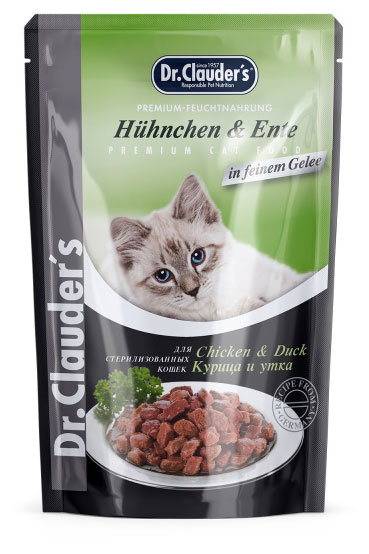 

Корм влажный для стерилизованных кошек Dr.Clauder`s с курицей и уткой кусочки в желе, 85 г