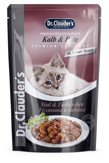 

Корм влажный для взрослых кошек Dr.Clauder`s с телятиной и индейкой кусочки в соусе, 85 г