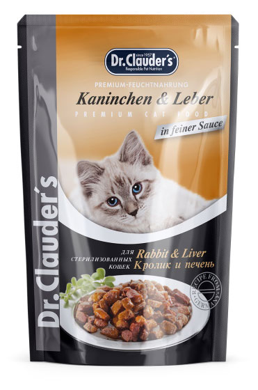 

Корм влажный для стерилизованных кошек Dr.Clauder`s с кроликом и печенью кусочки в соусе, 85 г