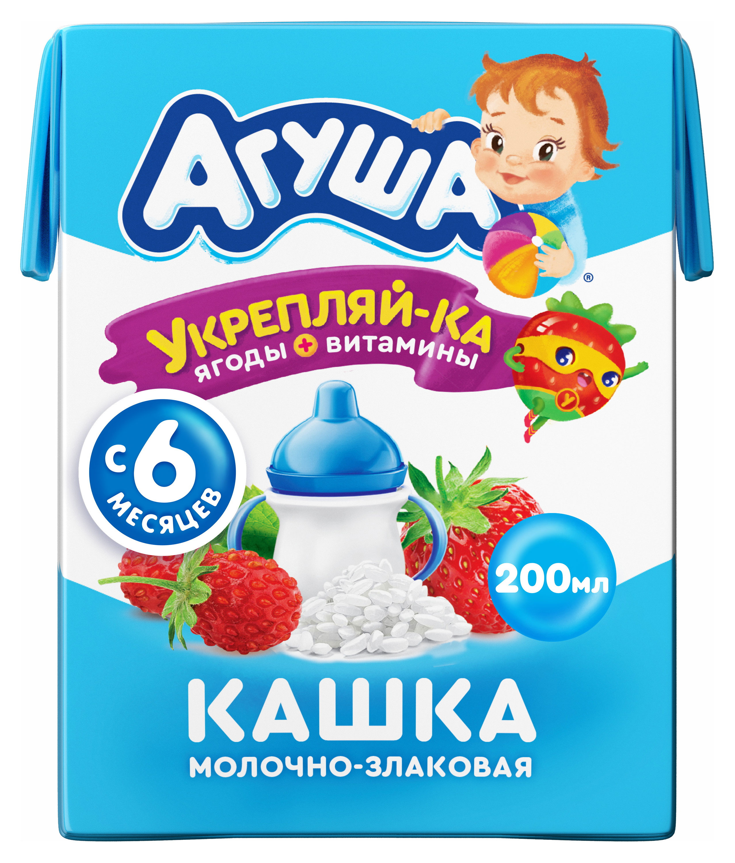 

Каша молочно-злаковая Агуша Клубника-Земляника-Яблоко 2,7% с 6 мес., 200 мл