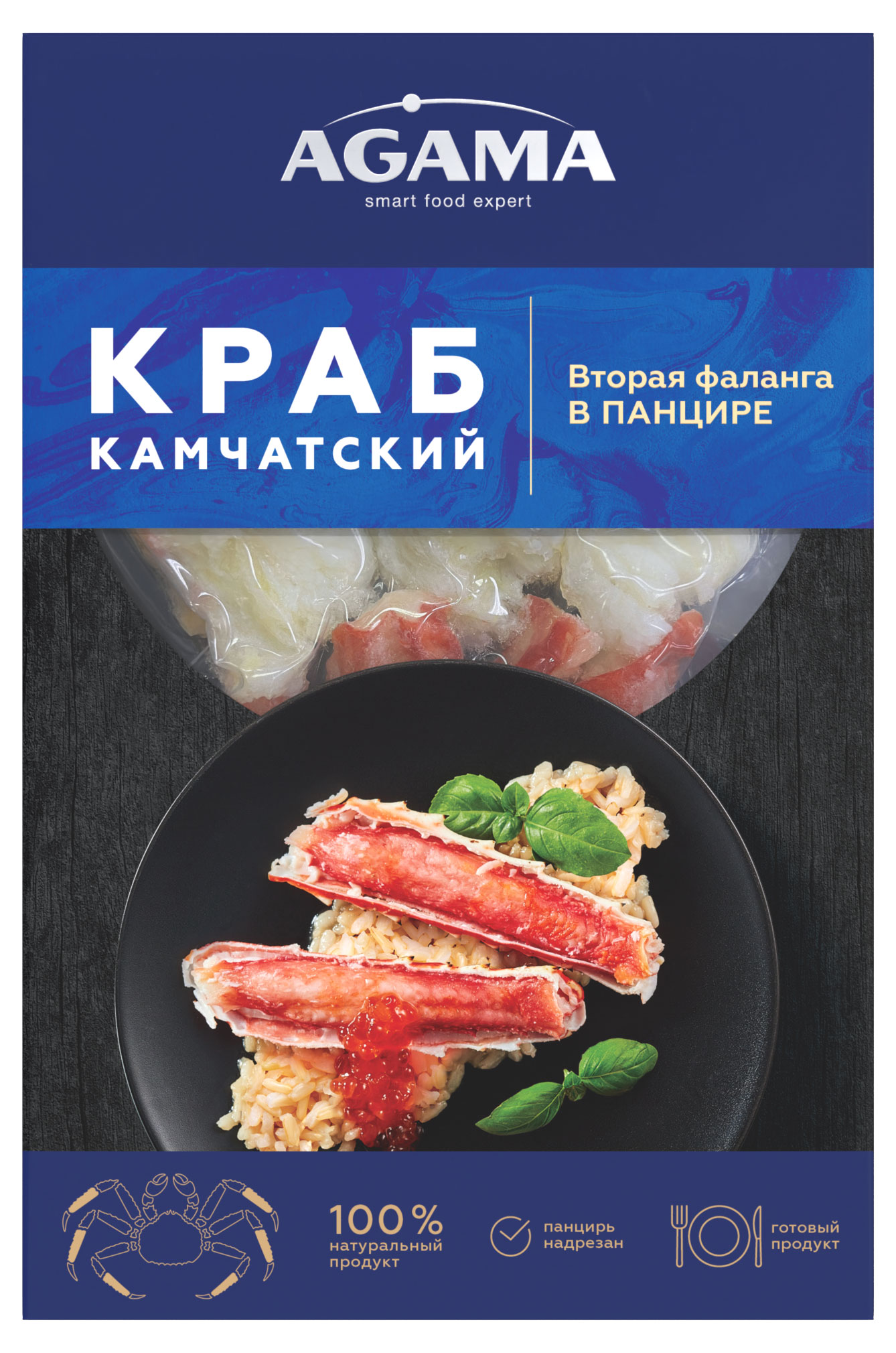 

Краб камчатский Agama фаланги в панцире варено-мороженые, 150 г