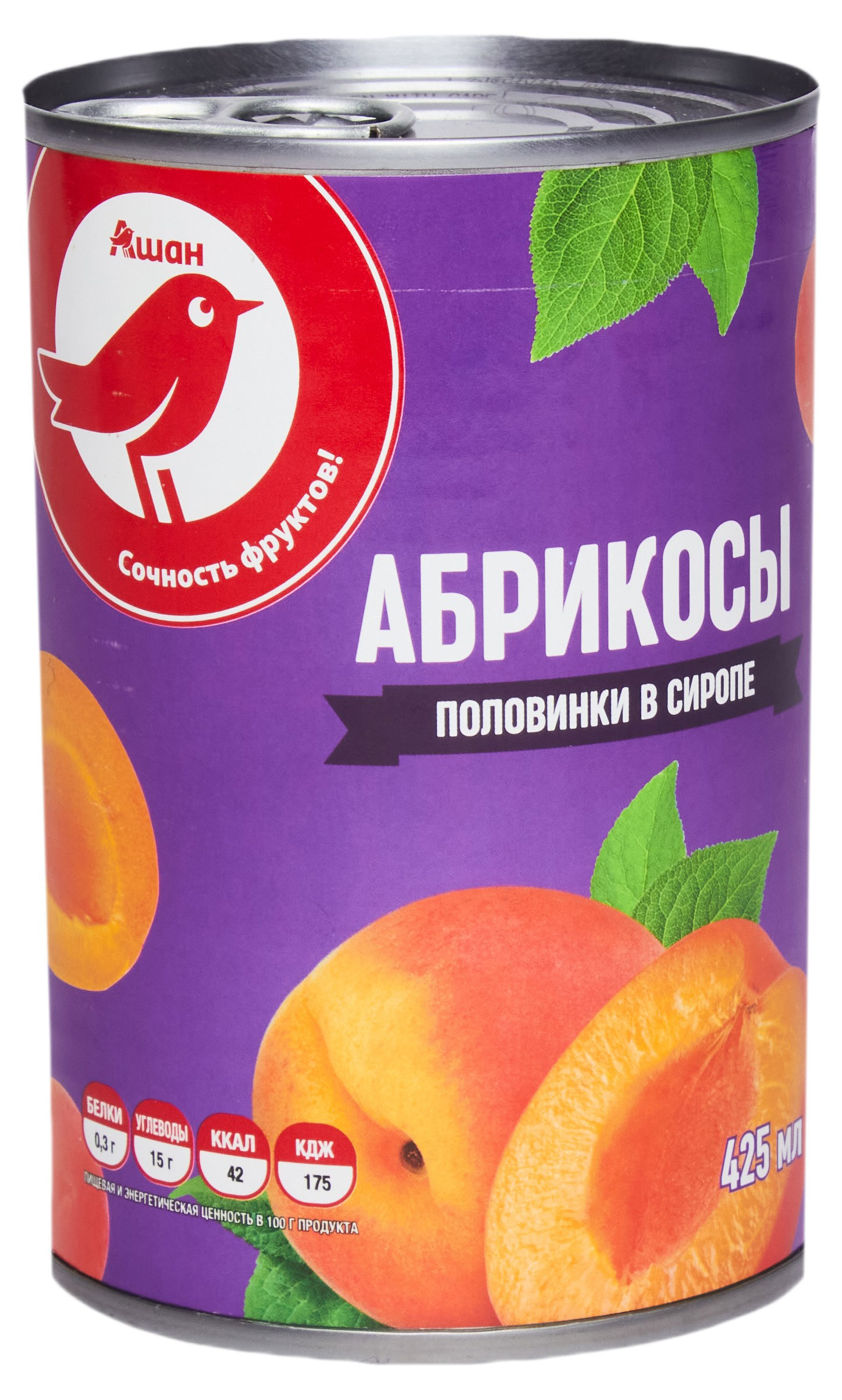 Изображение товара Абрикосы консервированные АШАН Красная птица половинки в сиропе, 425 г