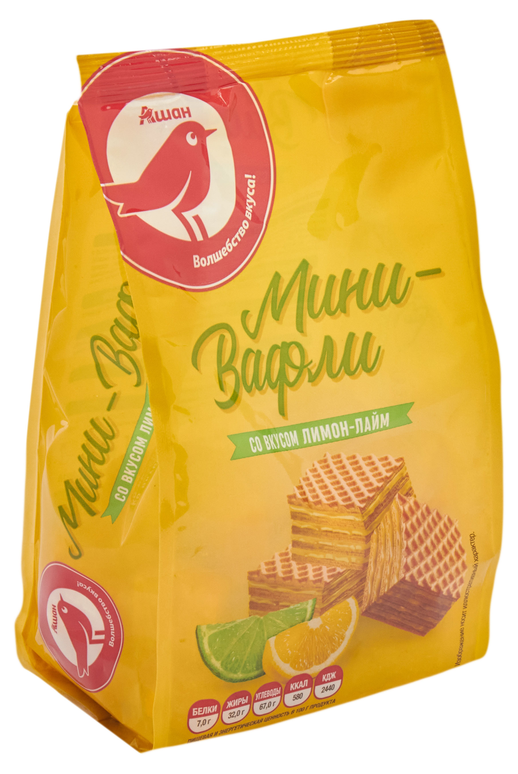 

Мини-вафли АШАН Красная птица со вкусом лимон-лайм, 125 г