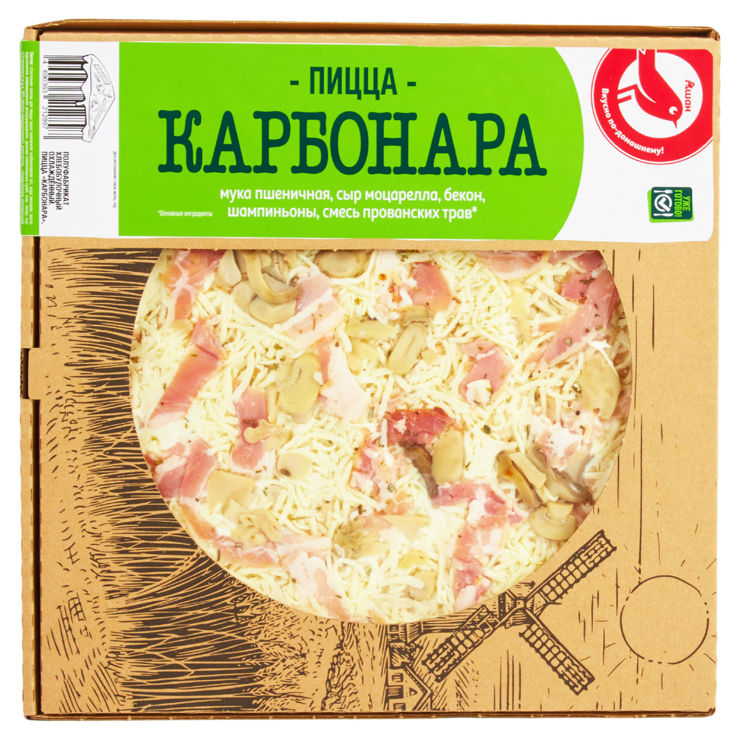 

Пицца АШАН Красная птица Карбонара, 400 г