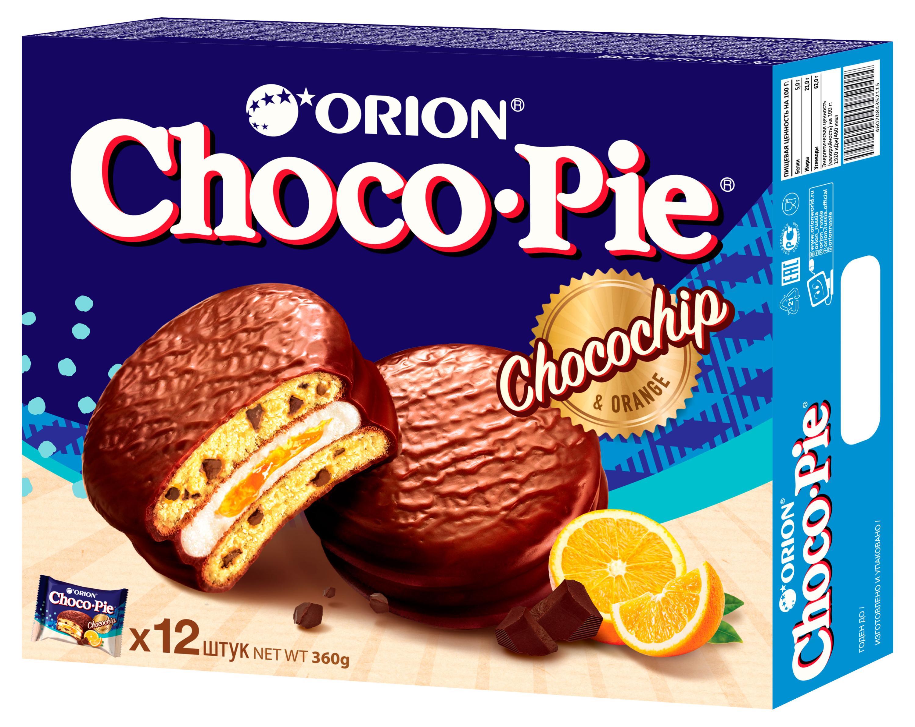 Изображение товара Пирожное Orion Choco Pie c апельсиновым джемом и шоколадной крошкой, 360 г