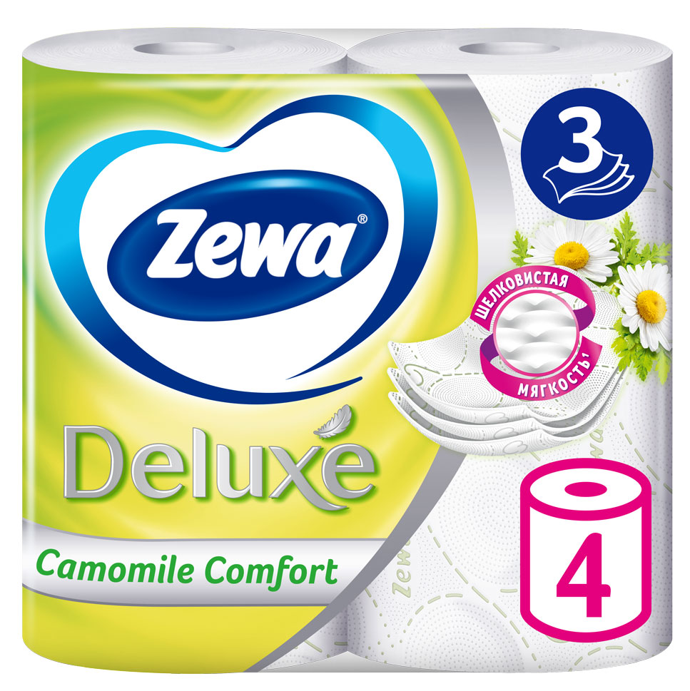 

Бумага туалетная Zewa Deluxe Ромашка, 3 слоя, 4 рулона