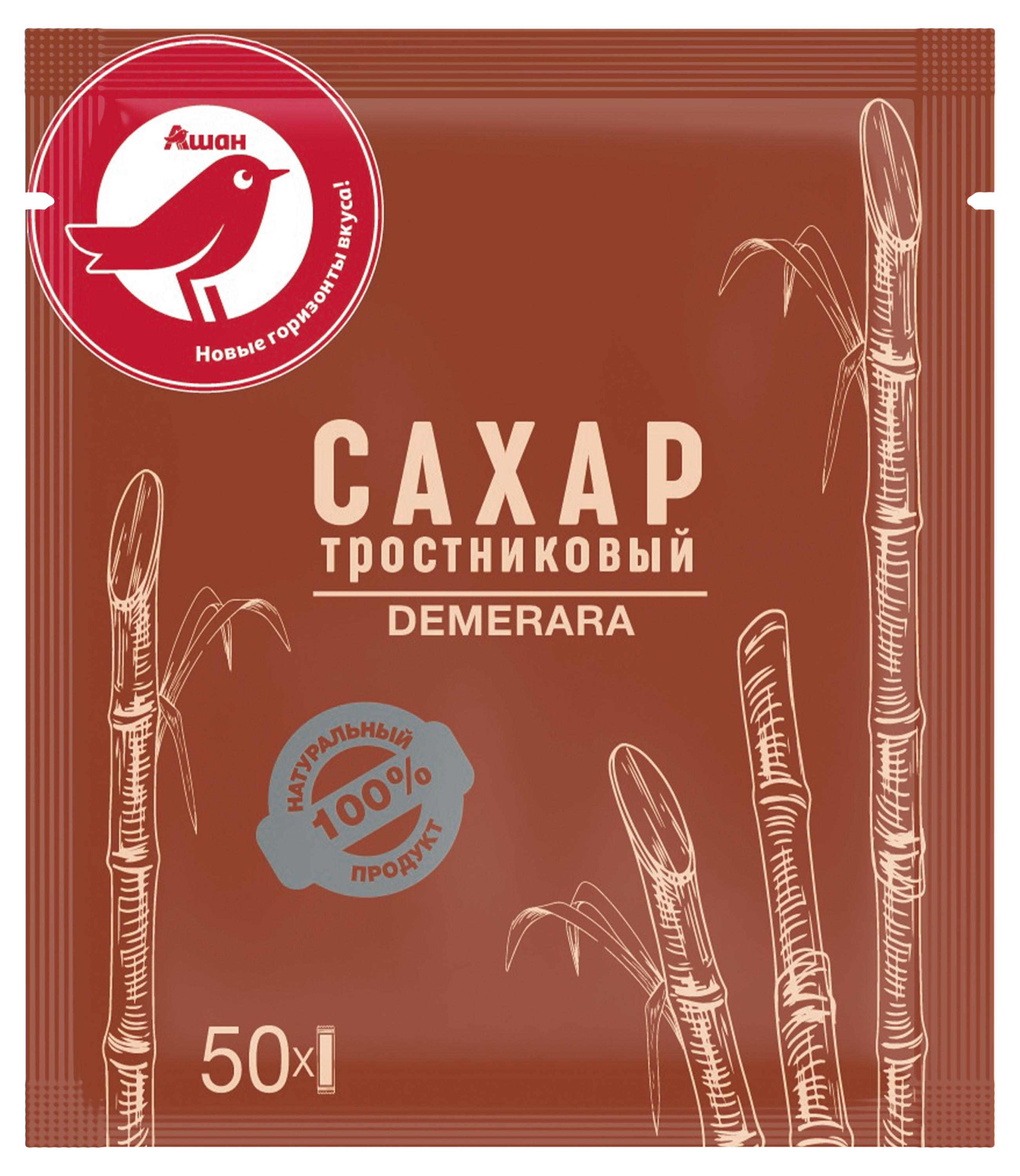 Изображение товара Сахар АШАН Красная птица тростниковый в стиках, 5 г х 50 шт