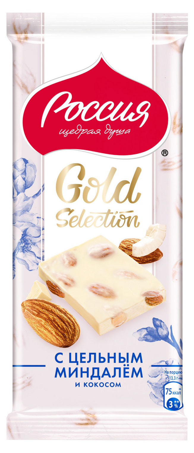 

Шоколад белый Россия-Щедрая душа! с миндалем и кокосом, 80 г