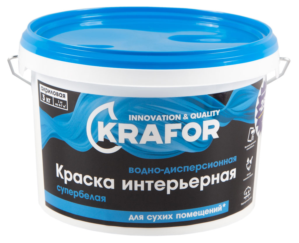 

Краска интерьерная супербелая водно-дисперсионная KRAFOR белая, 3 кг