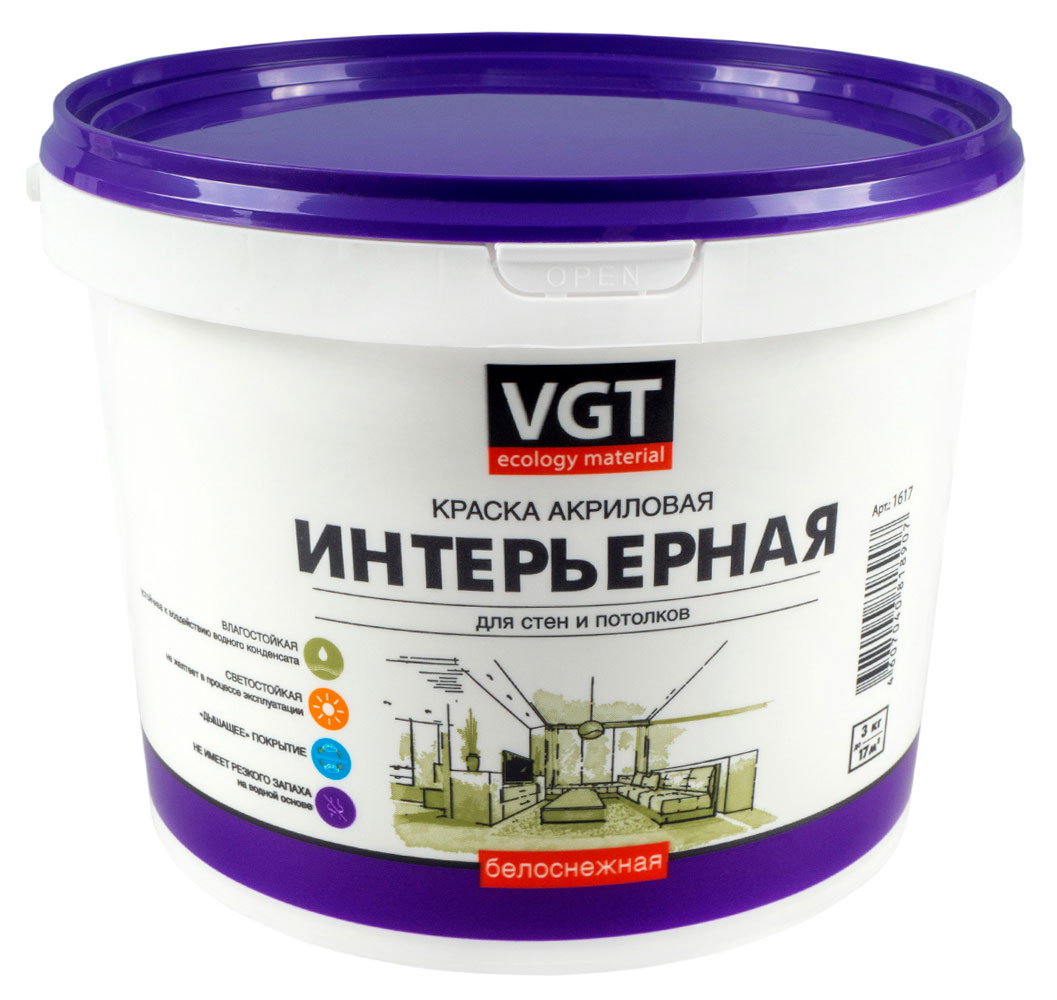 

Краска акриловая интерьерная VGT ВД-АК-2180 белая, 3 кг