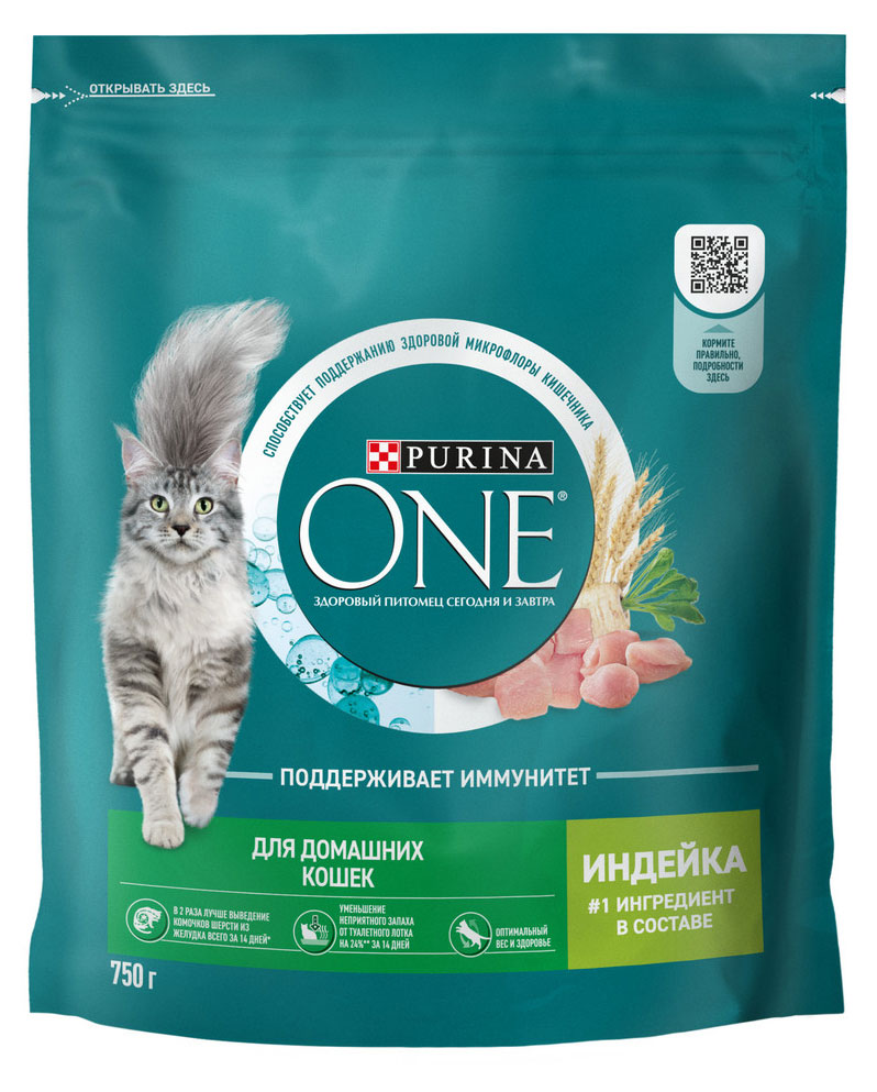 

Сухой корм для кошек Purina ONE живущих в домашних условиях с индейкой, 750 г