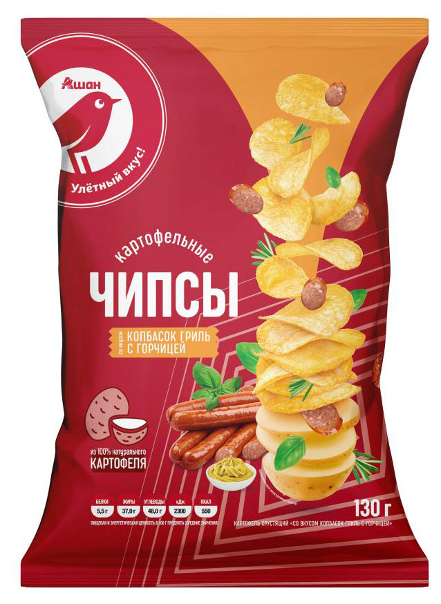 

Чипсы АШАН Красная птица со вкусом колбасок гриль и горчицы, 130 г