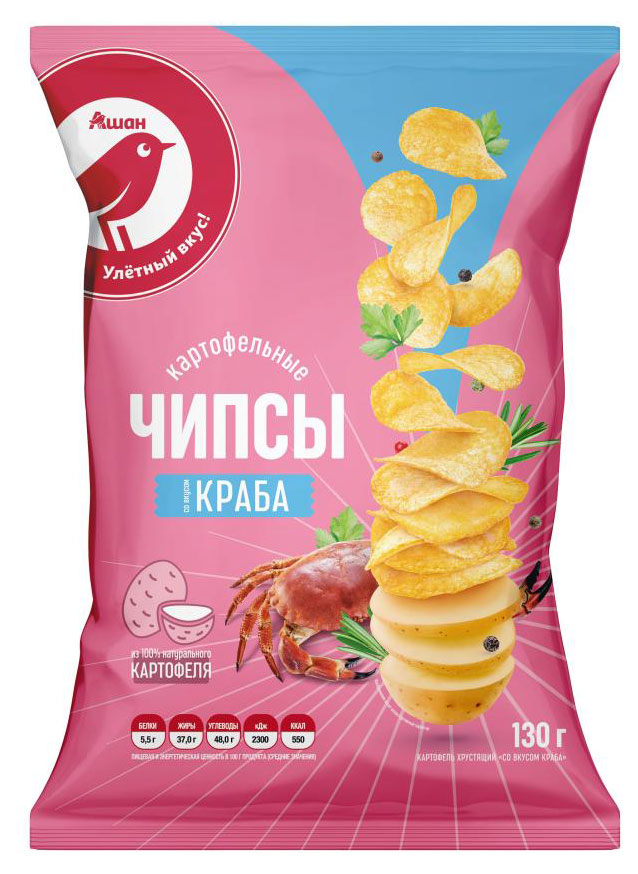 

Чипсы АШАН Красная птица картофельные со вкусом краба, 130 г