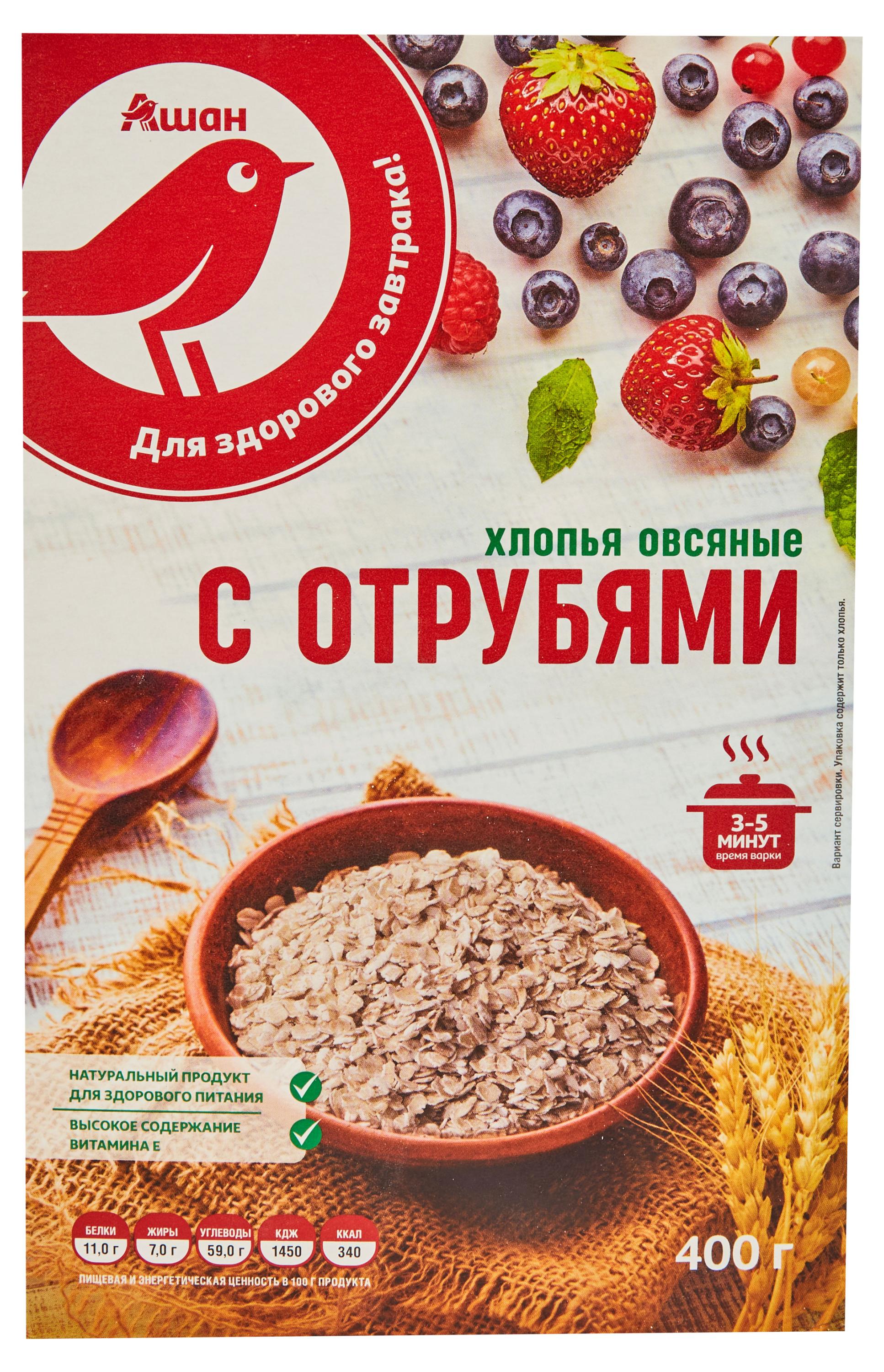 

Хлопья овсяные АШАН Красная птица с отрубями, 400 г