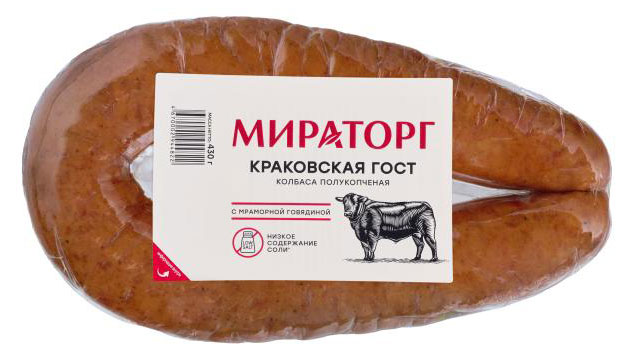 

Колбаса полукопченая Мираторг Краковская с мраморной говядиной ГОСТ, 430 г