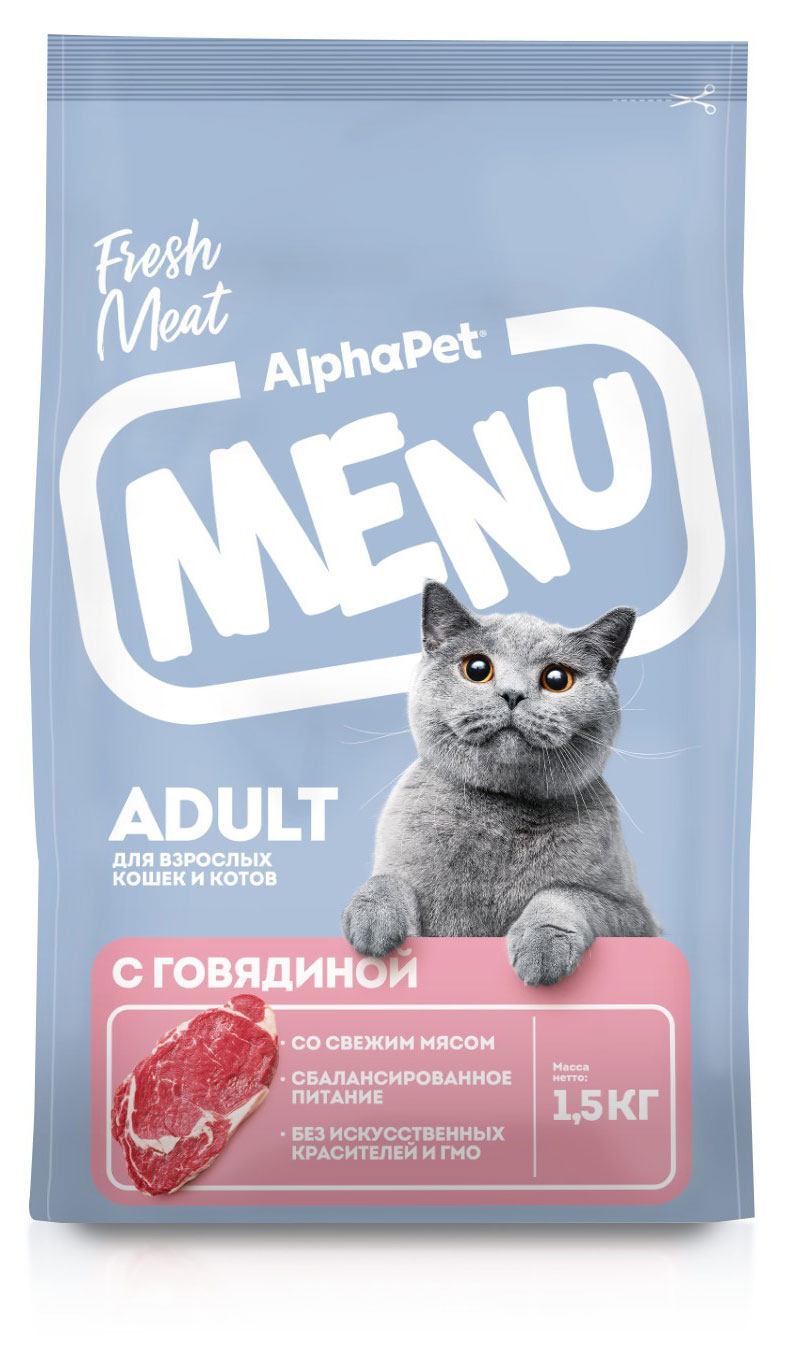 

Сухой корм для кошек AlphaPet Menu с говядиной, 1,5 кг