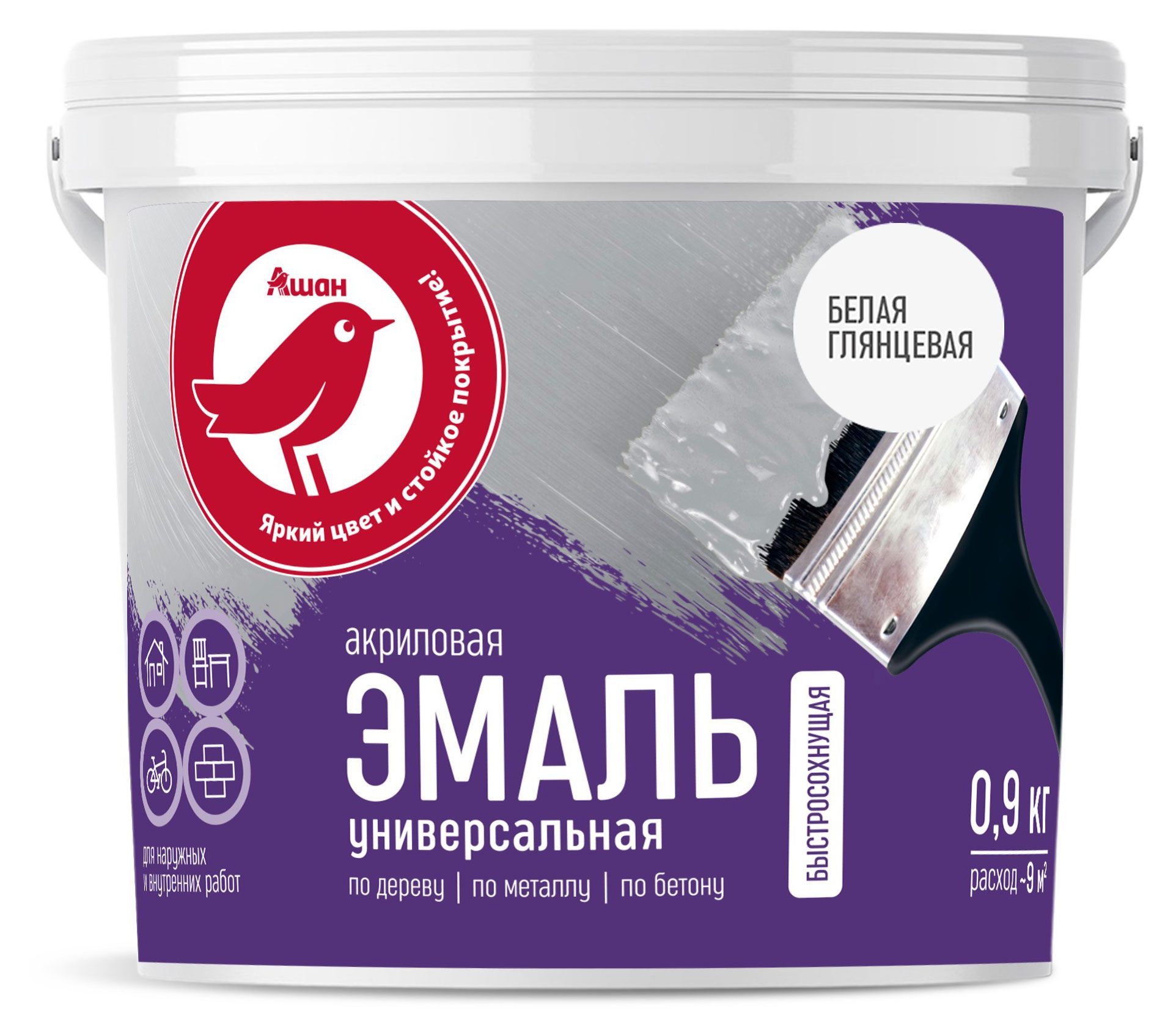 

Эмаль универсальная АШАН Красная птица белая глянцевая, 900 г