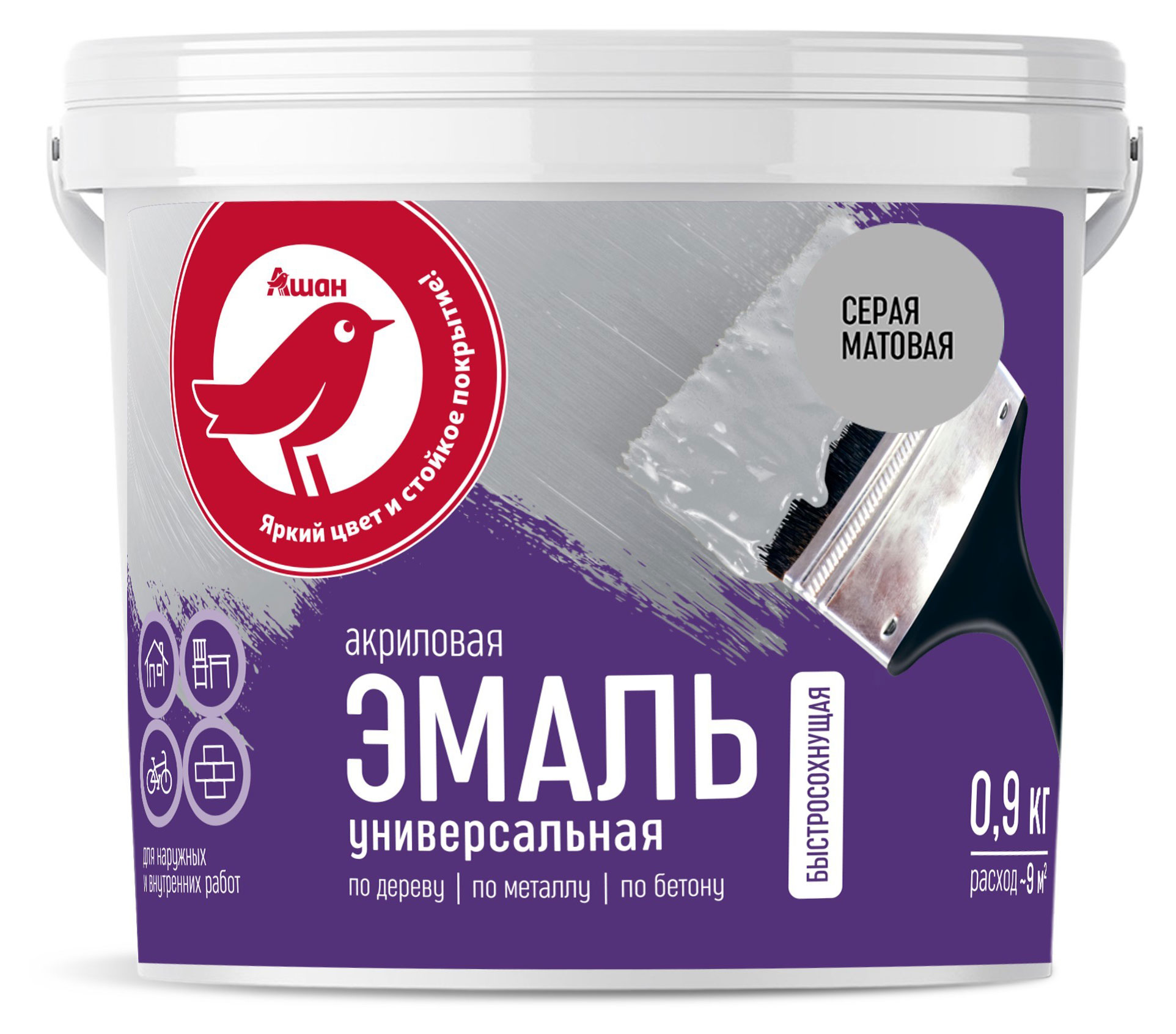 

Эмаль универсальная АШАН Красная птица серая матовая, 900 г
