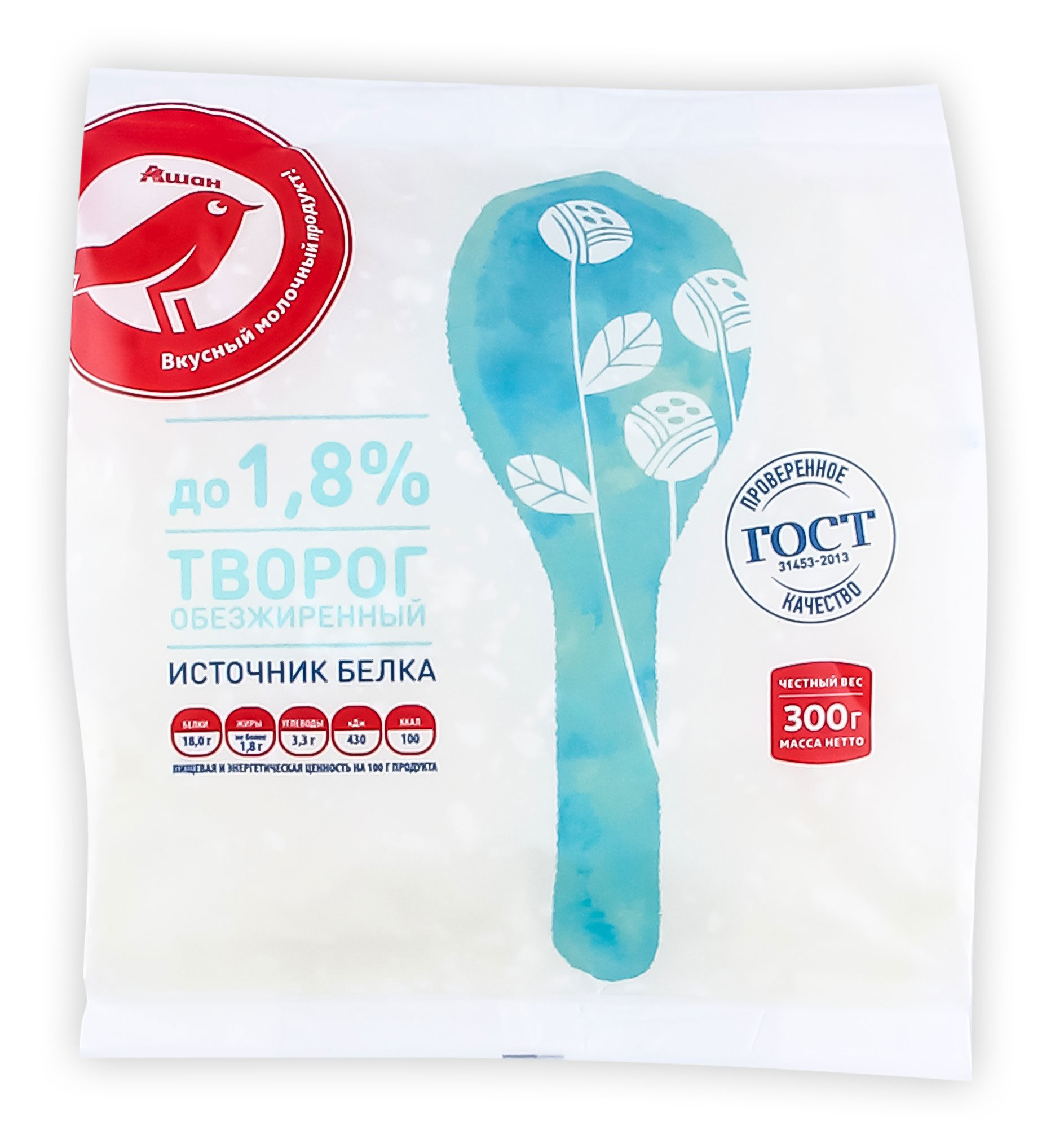

Творог АШАН Красная птица 1,8% БЗМЖ, 300 г