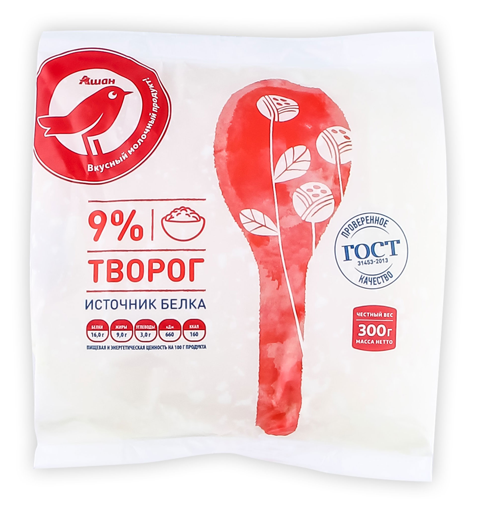 

Творог АШАН Красная птица 9% БЗМЖ, 300 г