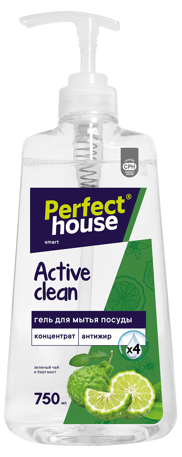 

Гель-концентрат для мытья посуды Perfect House Active Clean зеленый чай и бергамот, 750 мл
