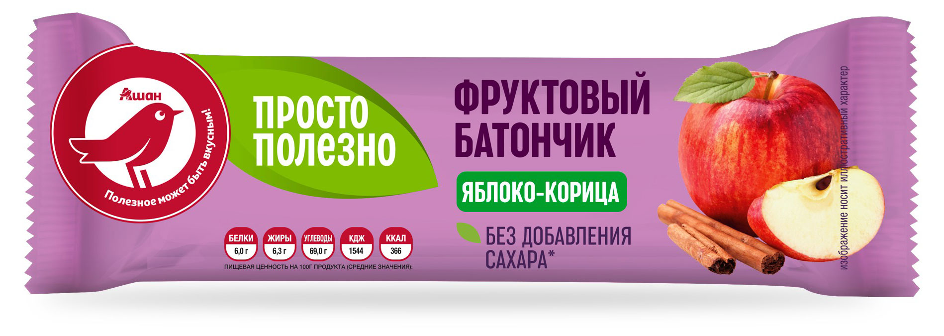 

Батончик фруктовый АШАН Красная птица с яблоком и корицей, 30 г