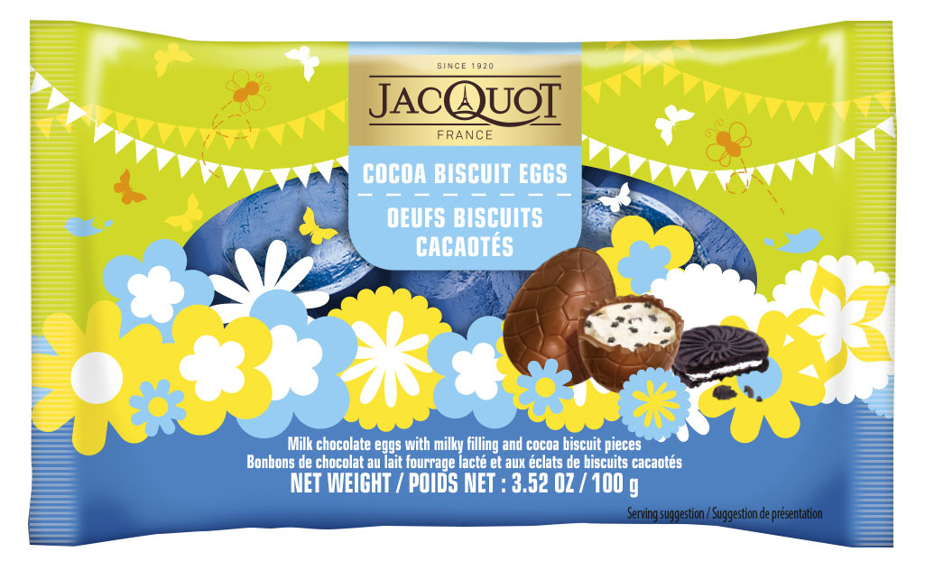 

Шоколад фигурный молочный Jacquot Золотые яйца с молочной начинкой и кусочками печенья, 100 г