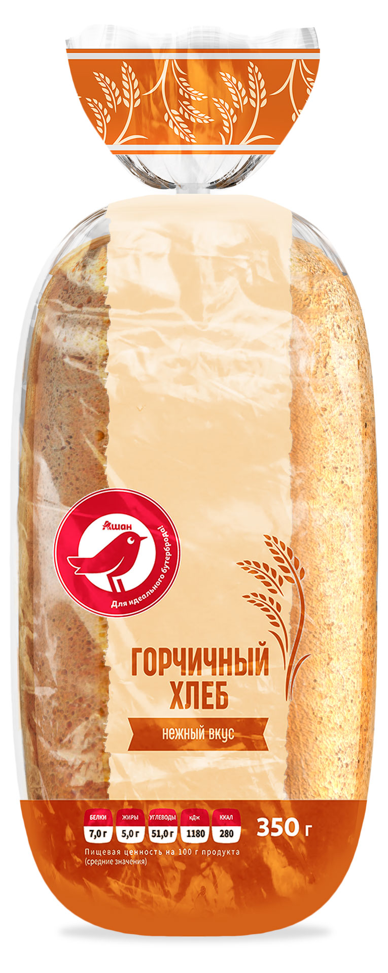 

Батон пшеничный АШАН Красная птица Горчичный подовый ГОСТ, 350 г