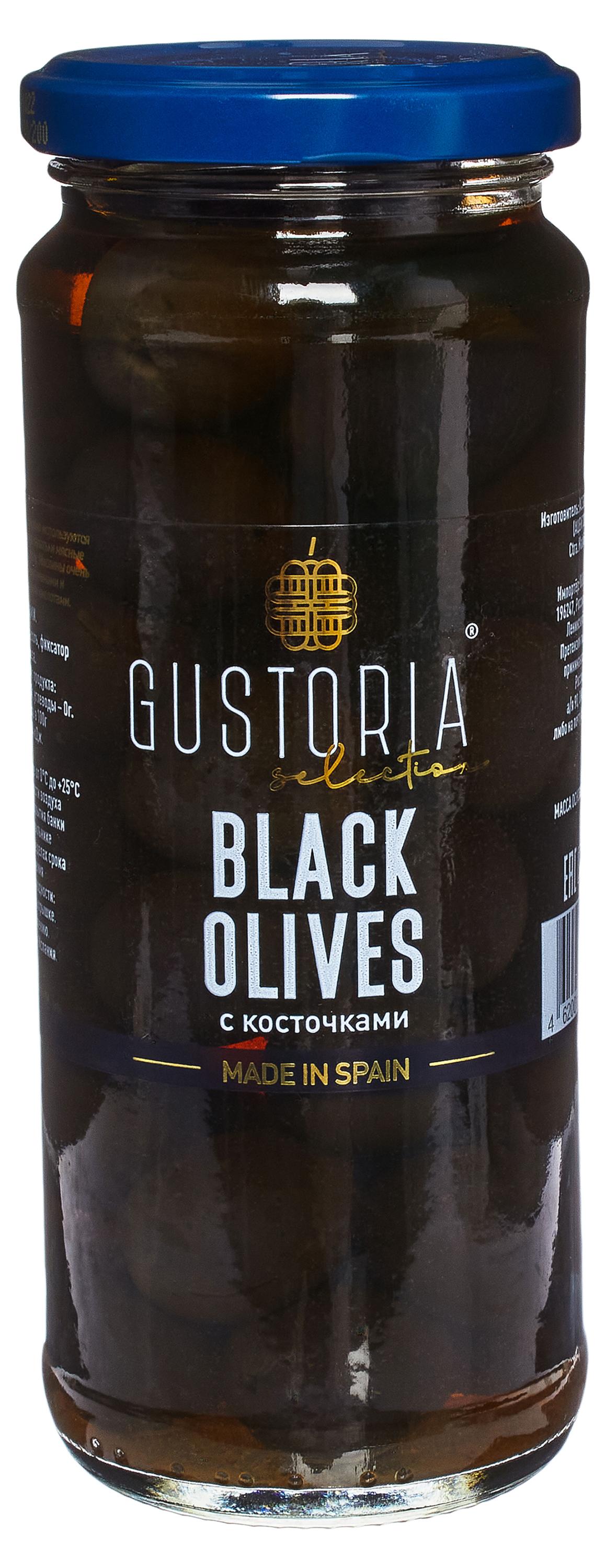 

Маслины Gustoria черные с косточками, 358 мл