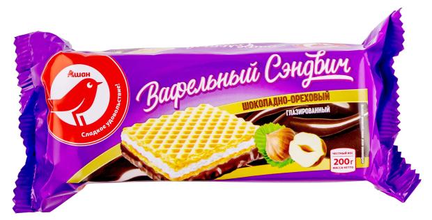 Изображение товара Вафли АШАН Красная птица с шоколадно-ореховым вкусом 200 г глазированные