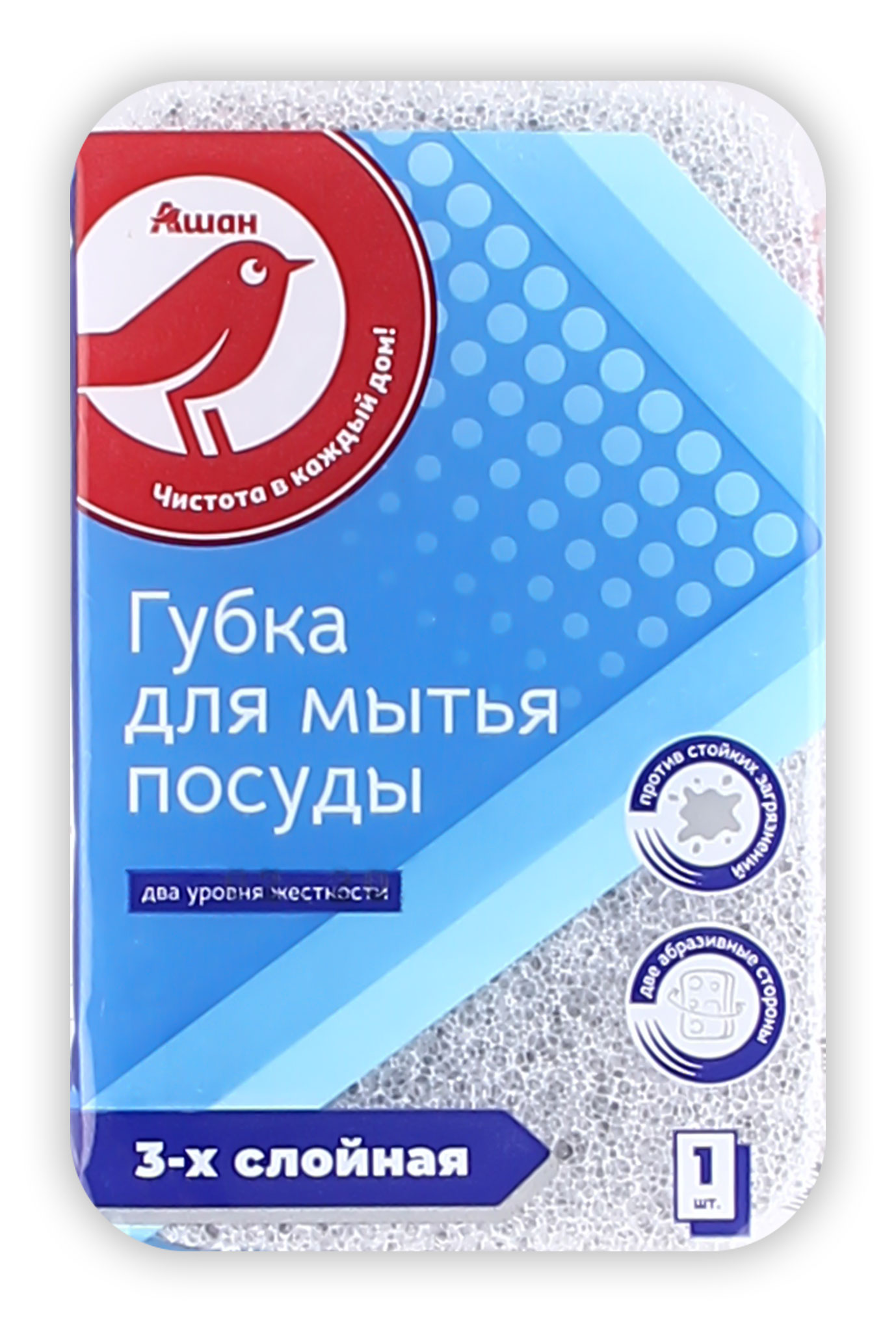 

Губка АШАН Красная птица трехслойная для мытья посуды, 1 шт