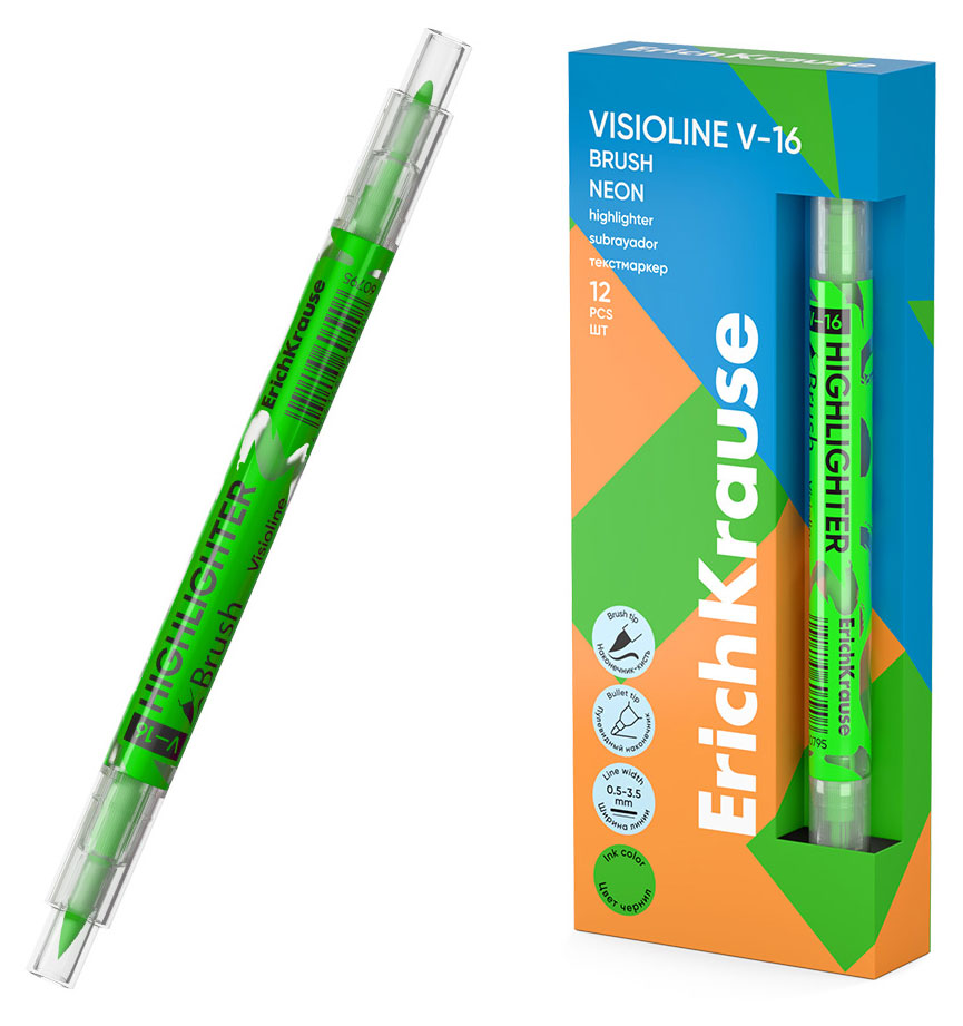 

Двухсторонний текстмаркер ErichKrause Visioline V-16 Brush Neon зеленый, 1шт