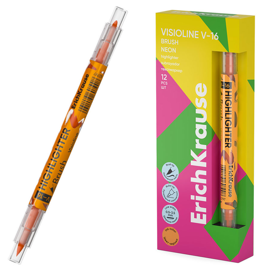 

Двухсторонний текстмаркер ErichKrause Visioline V-16 Brush Neon оранжевый, 1 шт