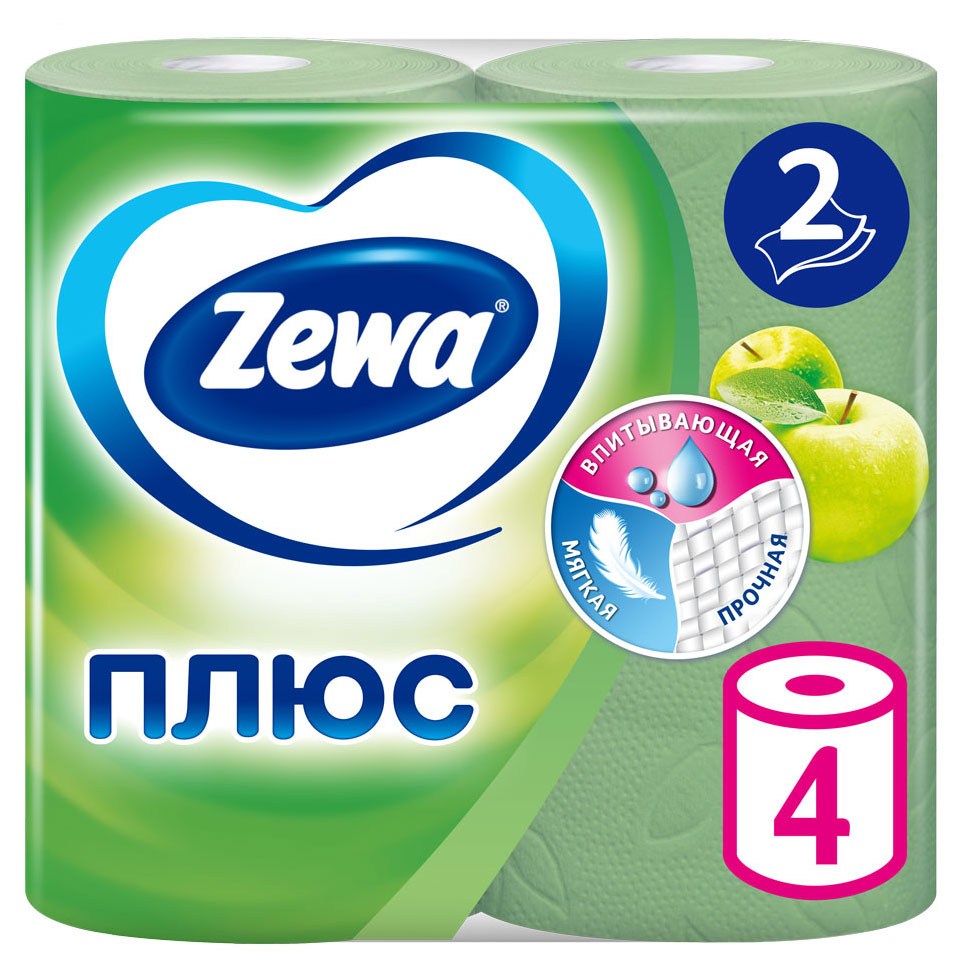 

Бумага туалетная Zewa Плюс Яблоко, 2 слоя, 4 рулона