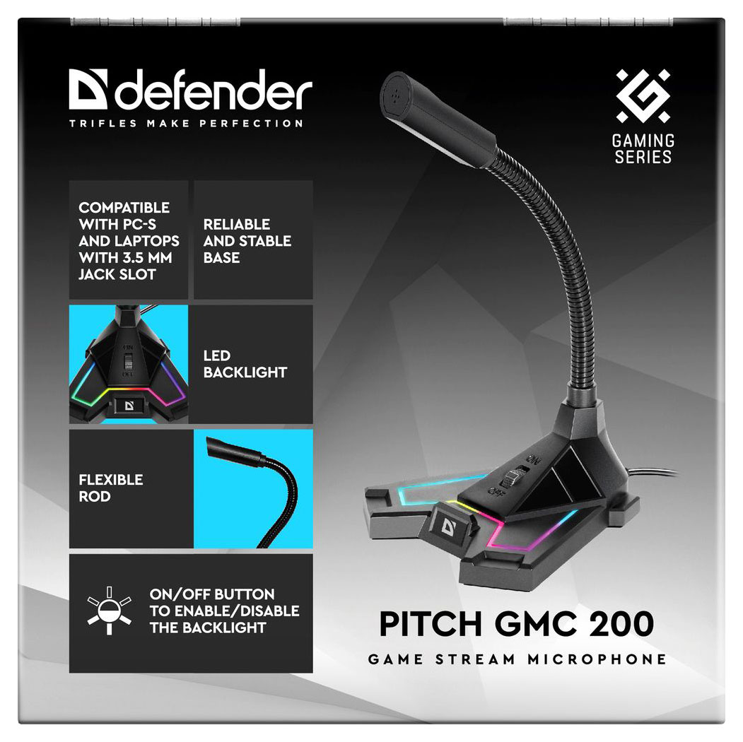 

Игровой стрим микрофон Defender Pitch GMC 200 3,5 мм, провод 1,5 м