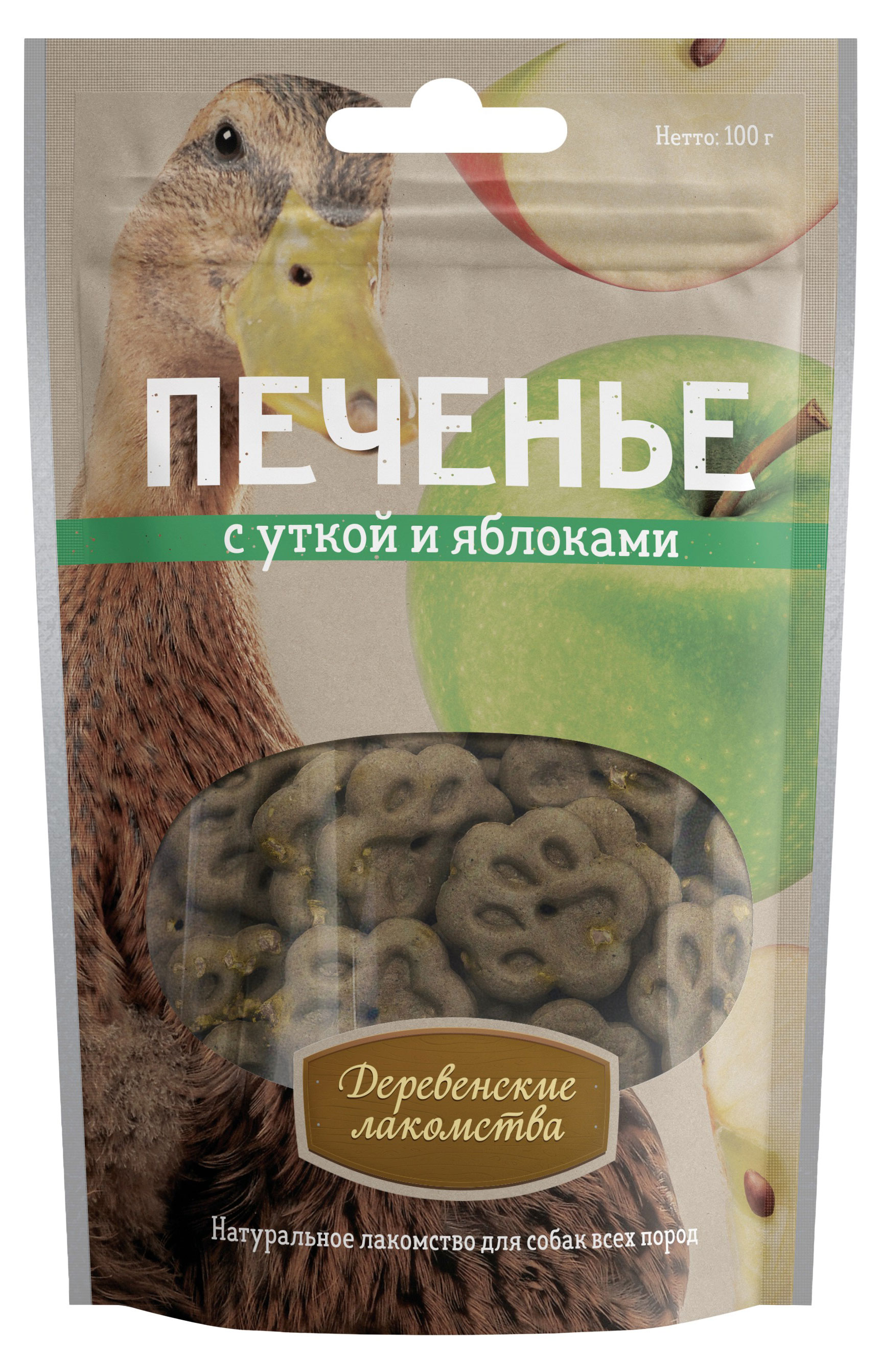 

Лакомство для собак Деревенские лакомства Печенье с уткой и яблоками, 100 г