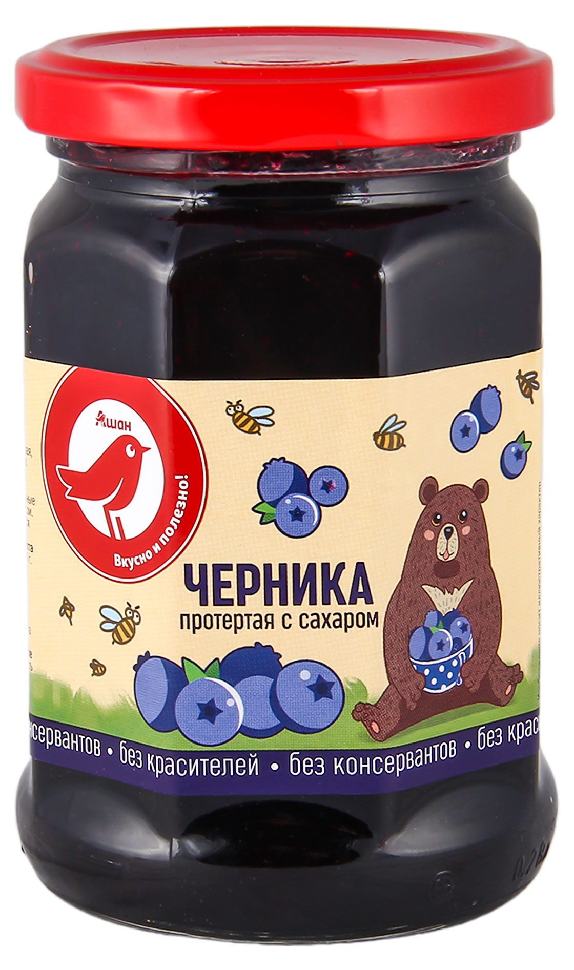 

Черника протертая АШАН Красная птица с сахаром, 350 г