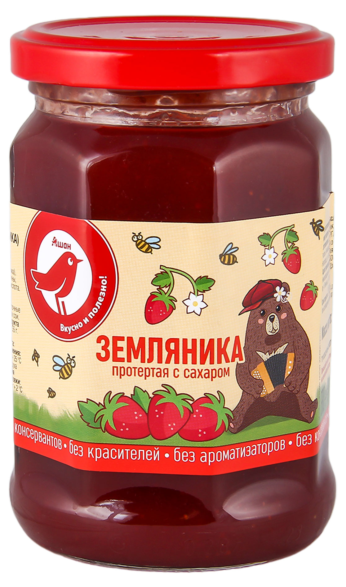 

Земляника протертая АШАН Красная птица с сахаром, 350 г