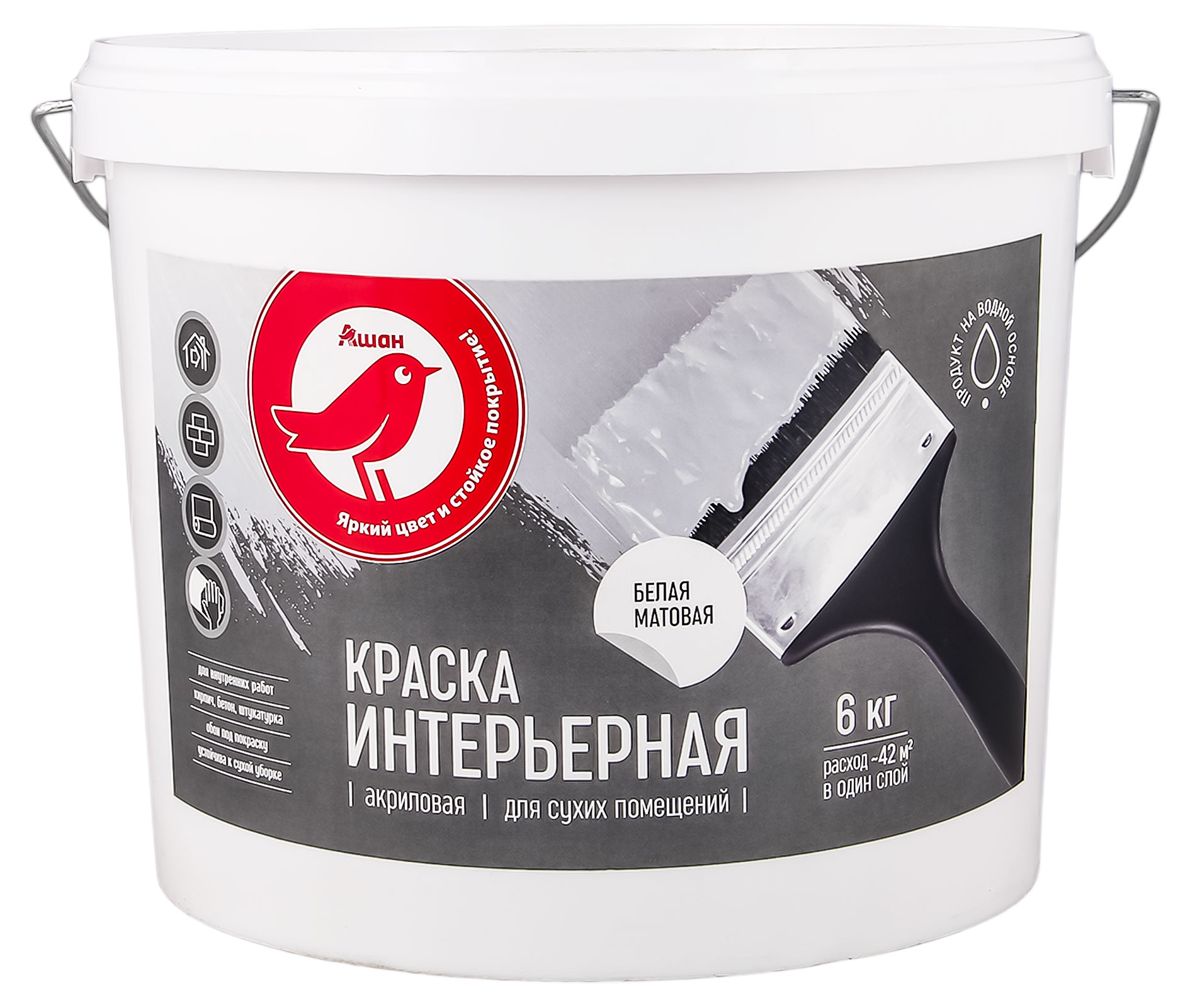 

Краска АШАН Красная птица интерьерная белая, 6 кг