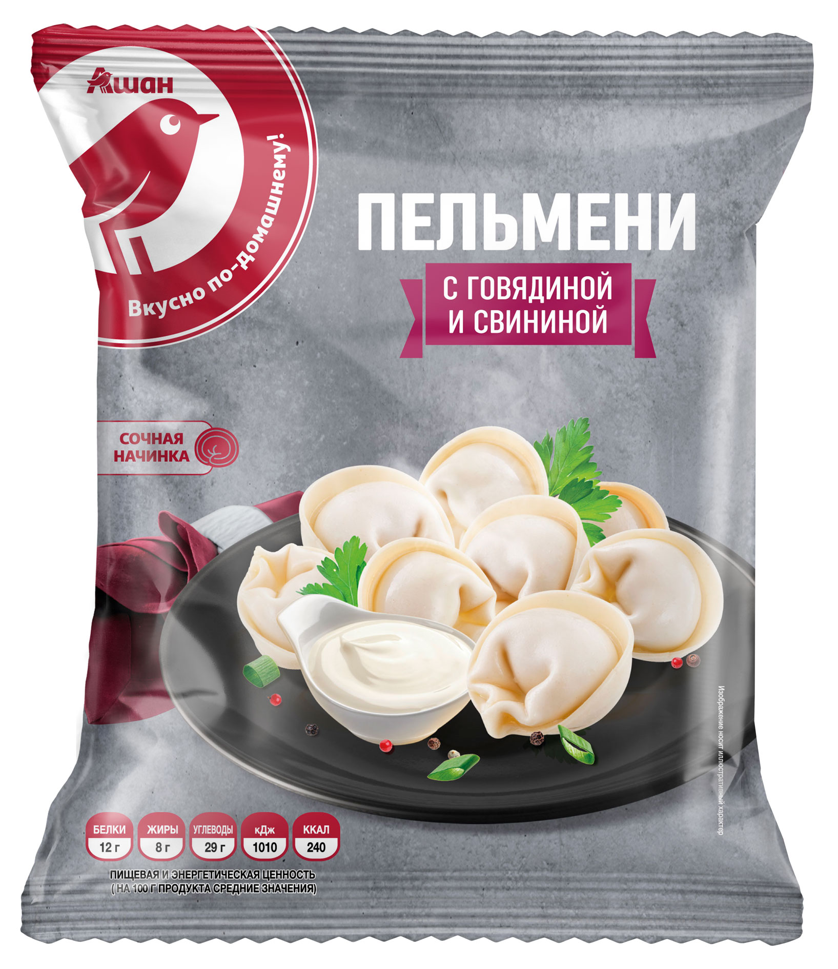 

Пельмени АШАН Красная птица из говядины и свинины, 800 г