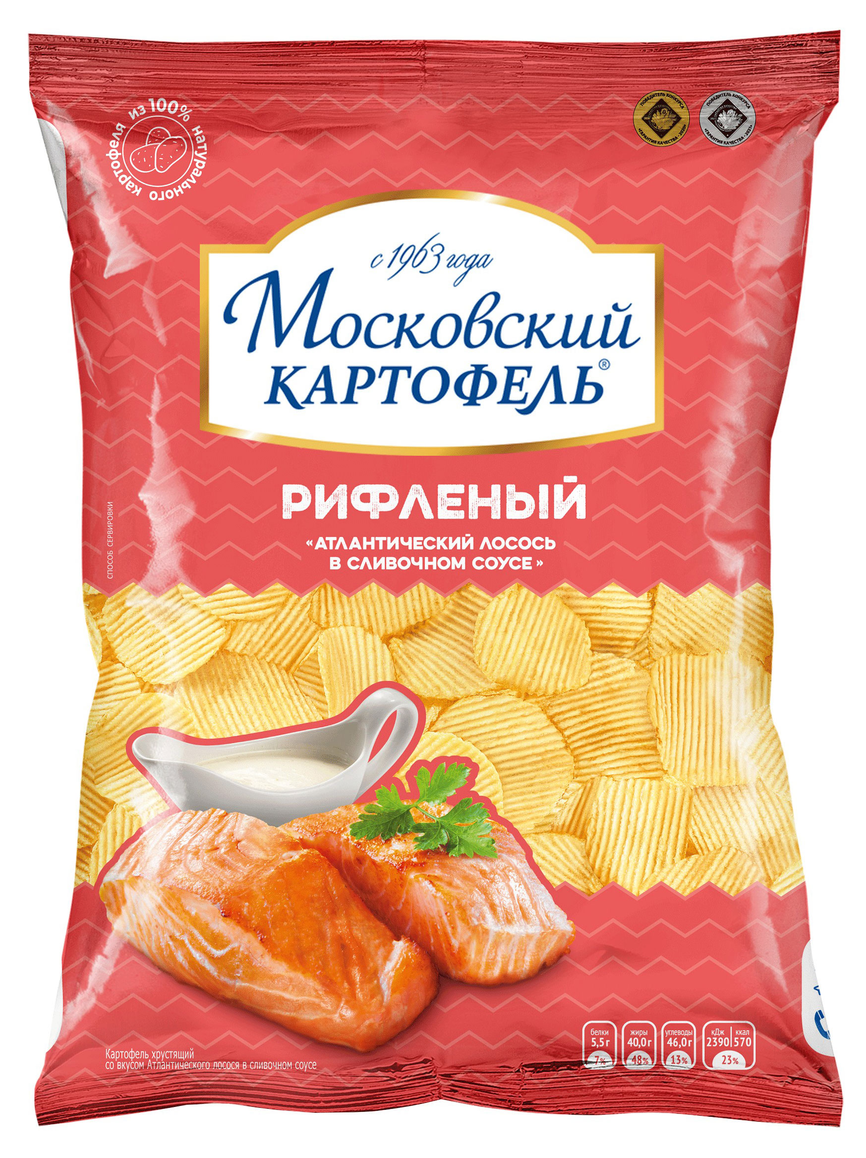 

Чипсы картофельные Московский Картофель рифленые со вкусом лосося в сливочном соусе, 120 г